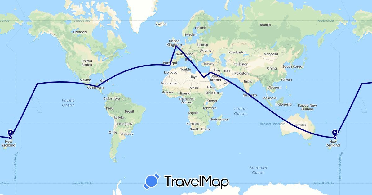 TravelMap itinerary: driving in Belize, Egypt, United Kingdom, Italy, Jordan, New Zealand, Portugal, United States (Africa, Asia, Europe, North America, Oceania)